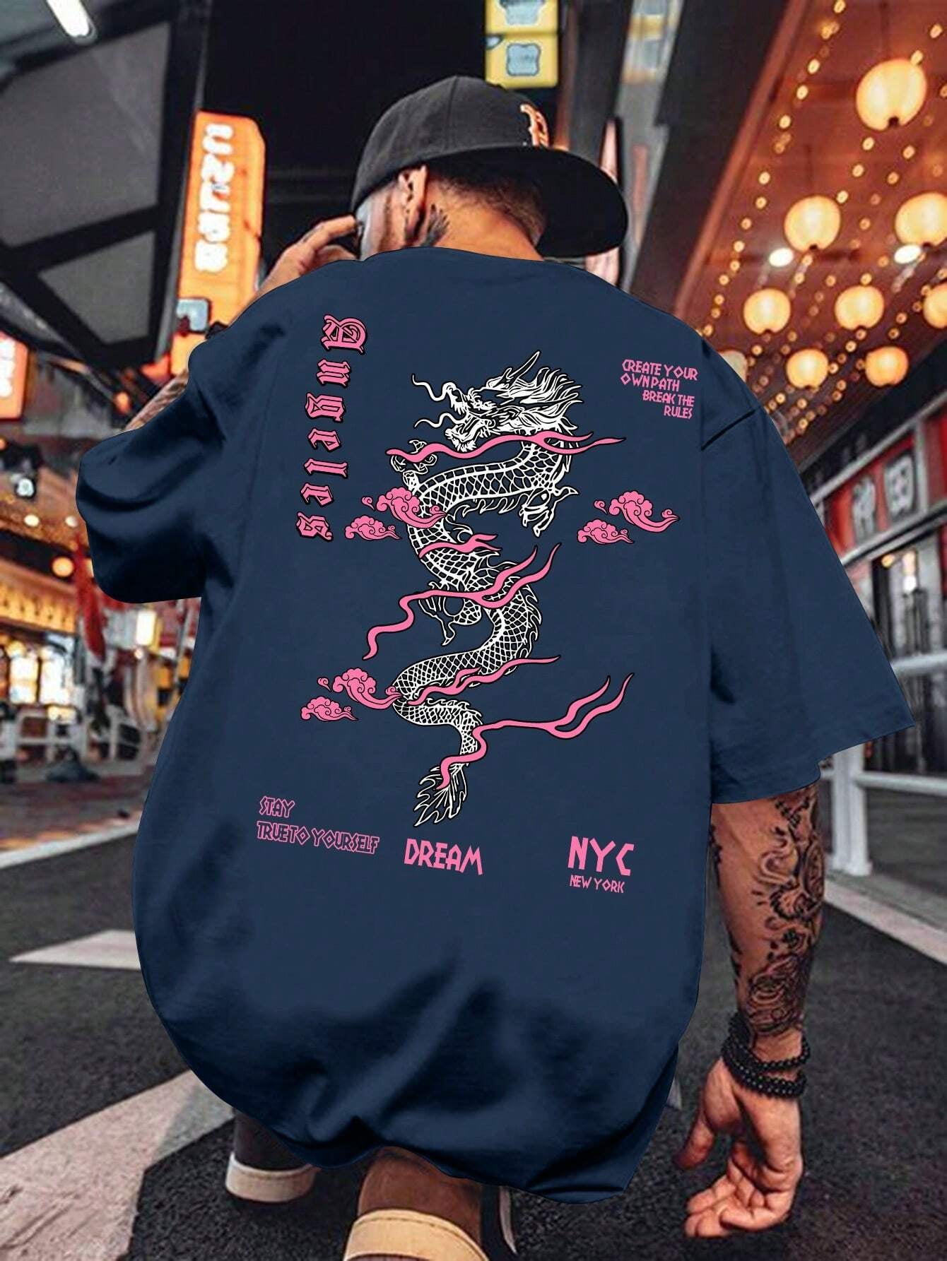 Men'S Letter & Dragon Print round Neck Casual Commuting T-Shirt