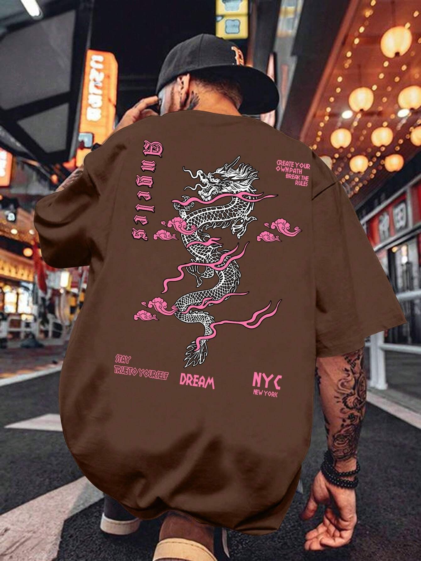 Men'S Letter & Dragon Print round Neck Casual Commuting T-Shirt