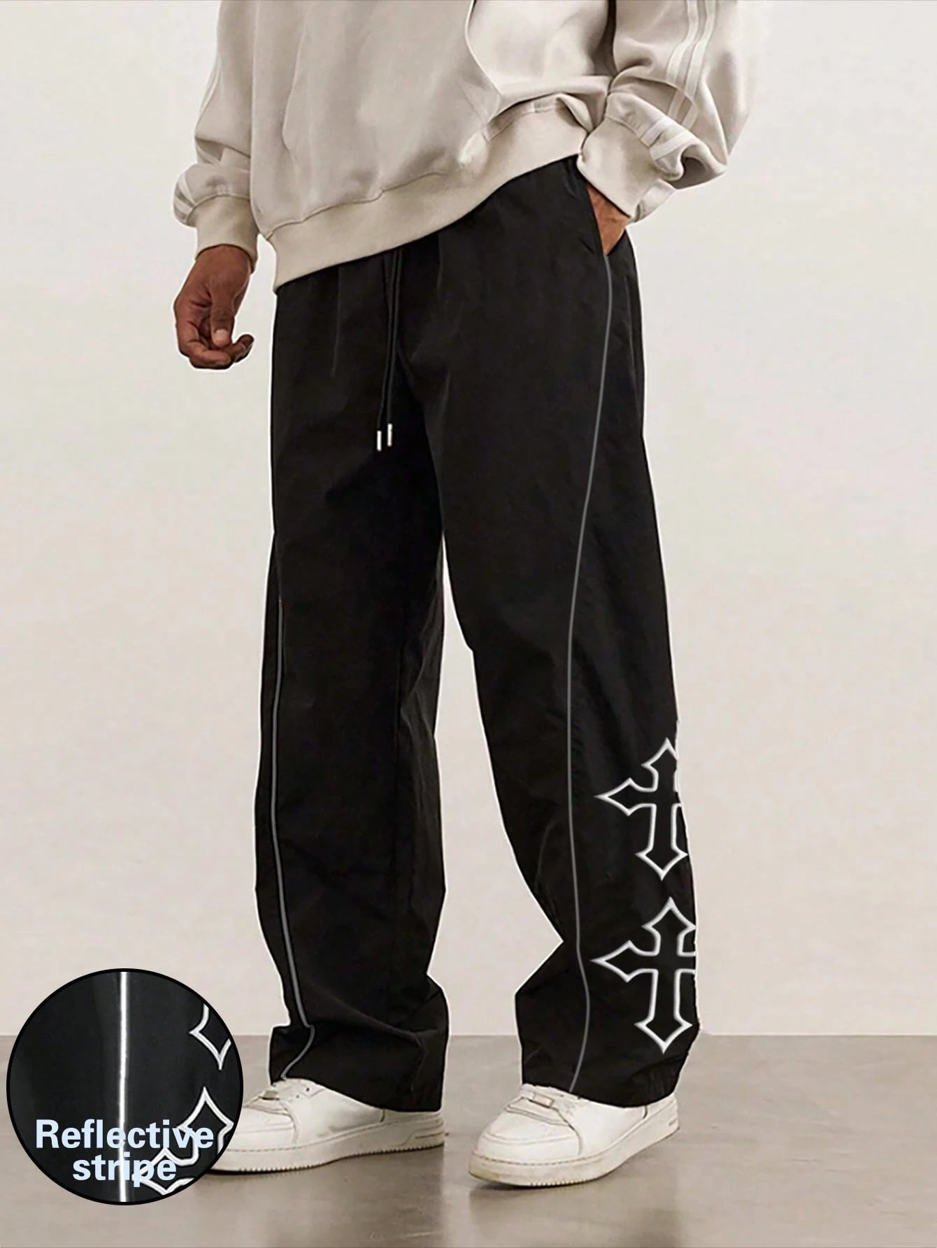 1Pc Men'S Cross Embroidery Casual Pants, Fashionable with Drawstring, Reflective Trim, Suitable for Casual, Beach, Work, Workout, Relaxed Straight Fit for Spring, Summer, Autumn, Winter, Boyfriend/Husband Gift, Commemorative Gift
