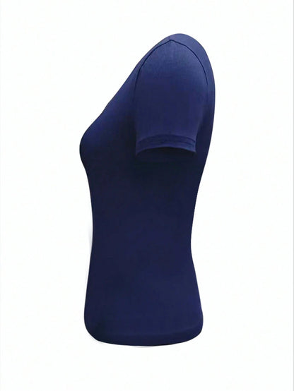 Ezwear Women Navy Solid Button Front Short Sleeve Casual Cropped T-Shirt