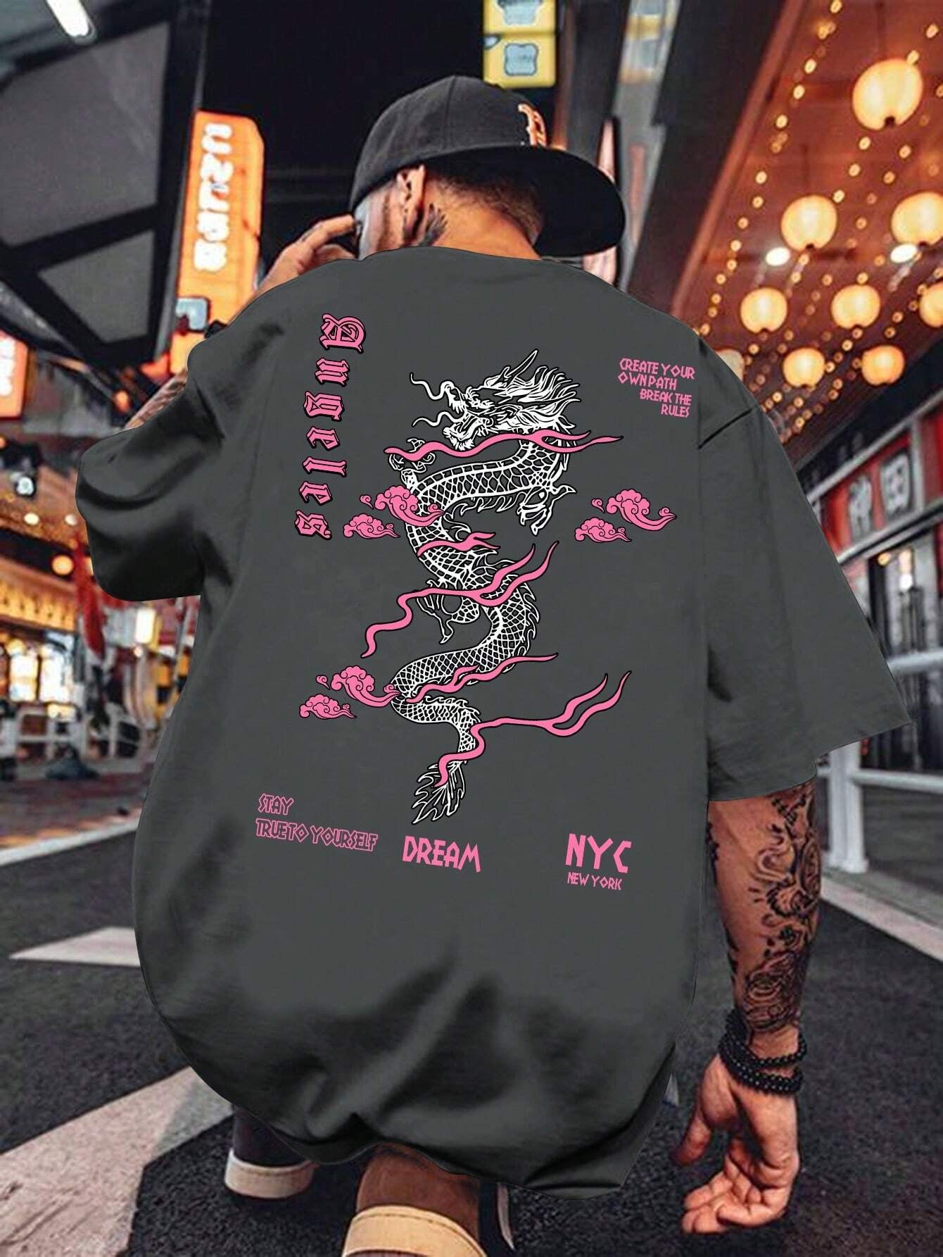 Men'S Letter & Dragon Print round Neck Casual Commuting T-Shirt