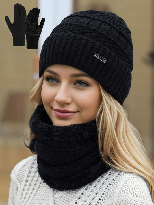 3-Piece Knit Hat, Neck Warmer and Gloves Set for Women, Solid Color with Thermal Lined, Unisex Design Suitable for Outdoor, Street, Daily Use in Autumn/Winter, Fashionable Knitted Hat Set, Ideal Gift