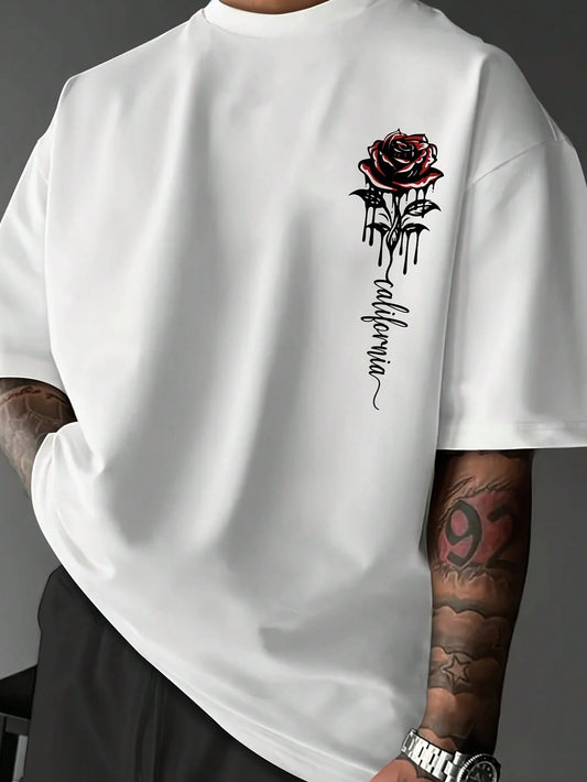 Men'S Letter & Rose Graphic round Neck Short Sleeve Casual T-Shirt