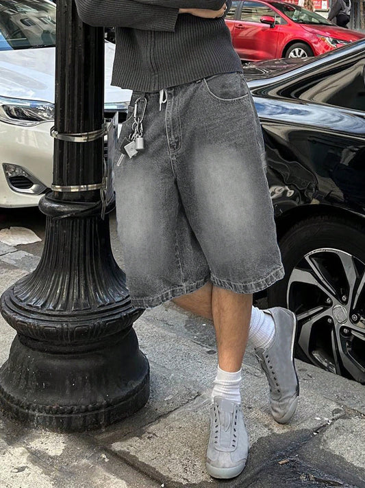 American Vintage Washed Grey Denim Shorts for Men, Loose Straight Cut, Summer Jorts