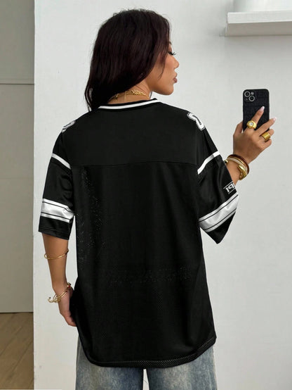 Coolane Women Summer Streetwear Sports Casual Contrast Trim Numeric Print Breathable Blue Jersey T-Shirt