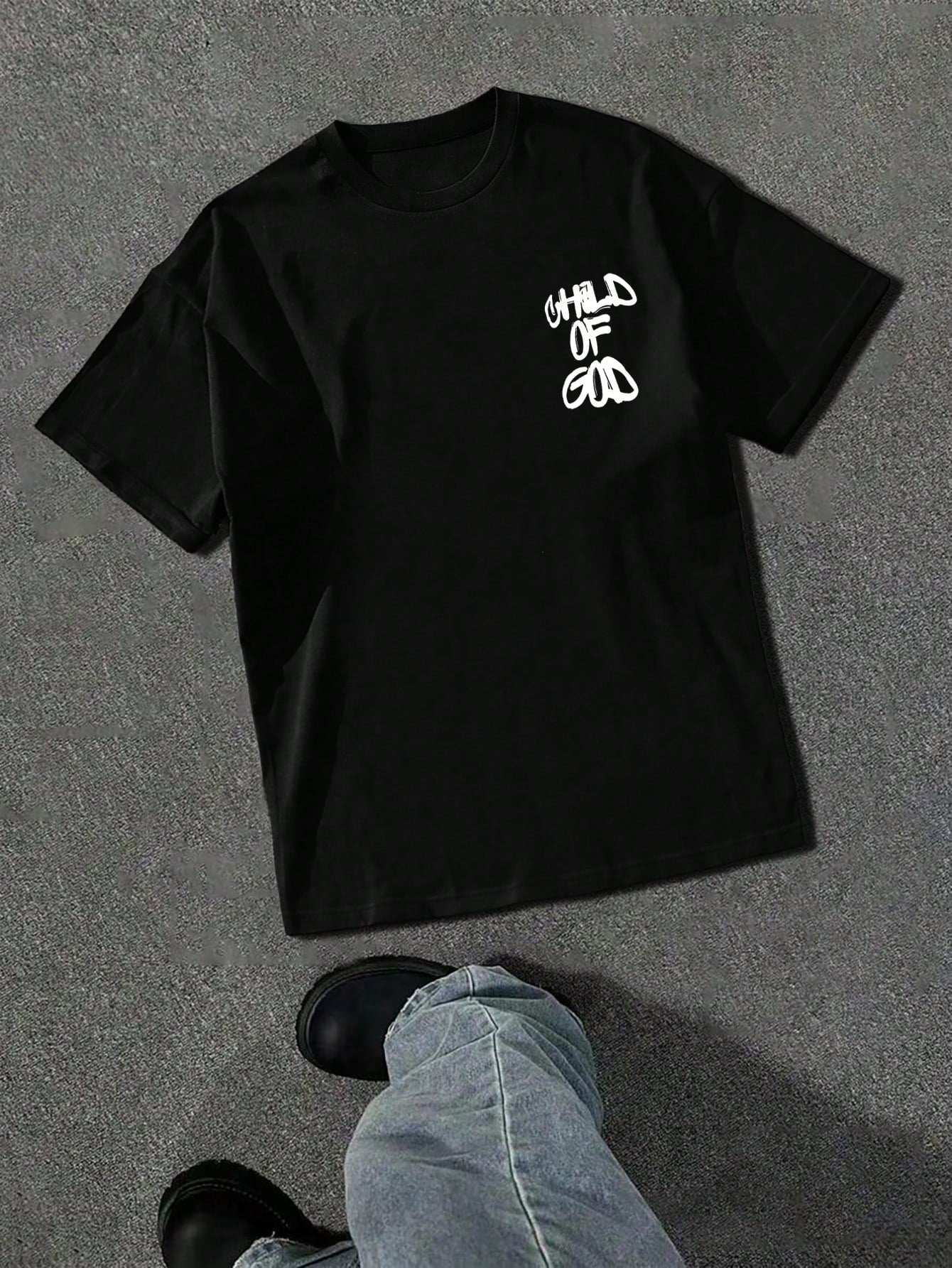 Men'S Fashionable Street Graphic Print Loose Fit Black Short Sleeve T-Shirt