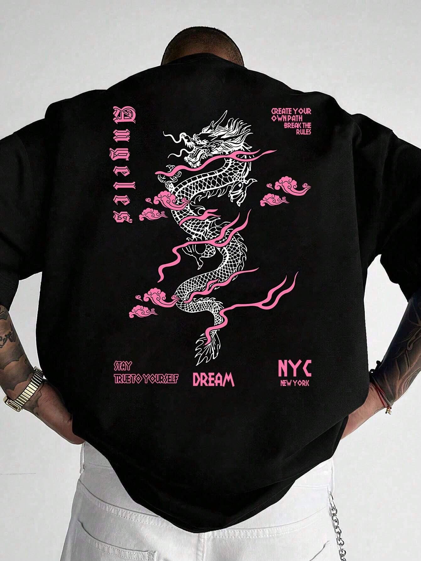 Men'S Letter & Dragon Print round Neck Casual Commuting T-Shirt