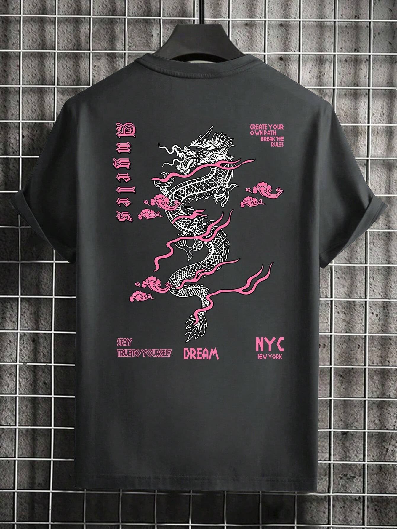 Men'S Letter & Dragon Print round Neck Casual Commuting T-Shirt