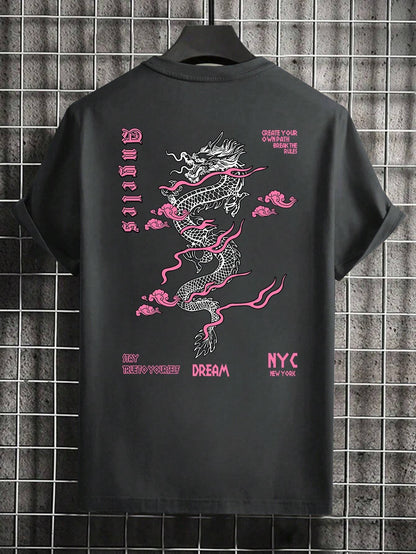 Men'S Letter & Dragon Print round Neck Casual Commuting T-Shirt