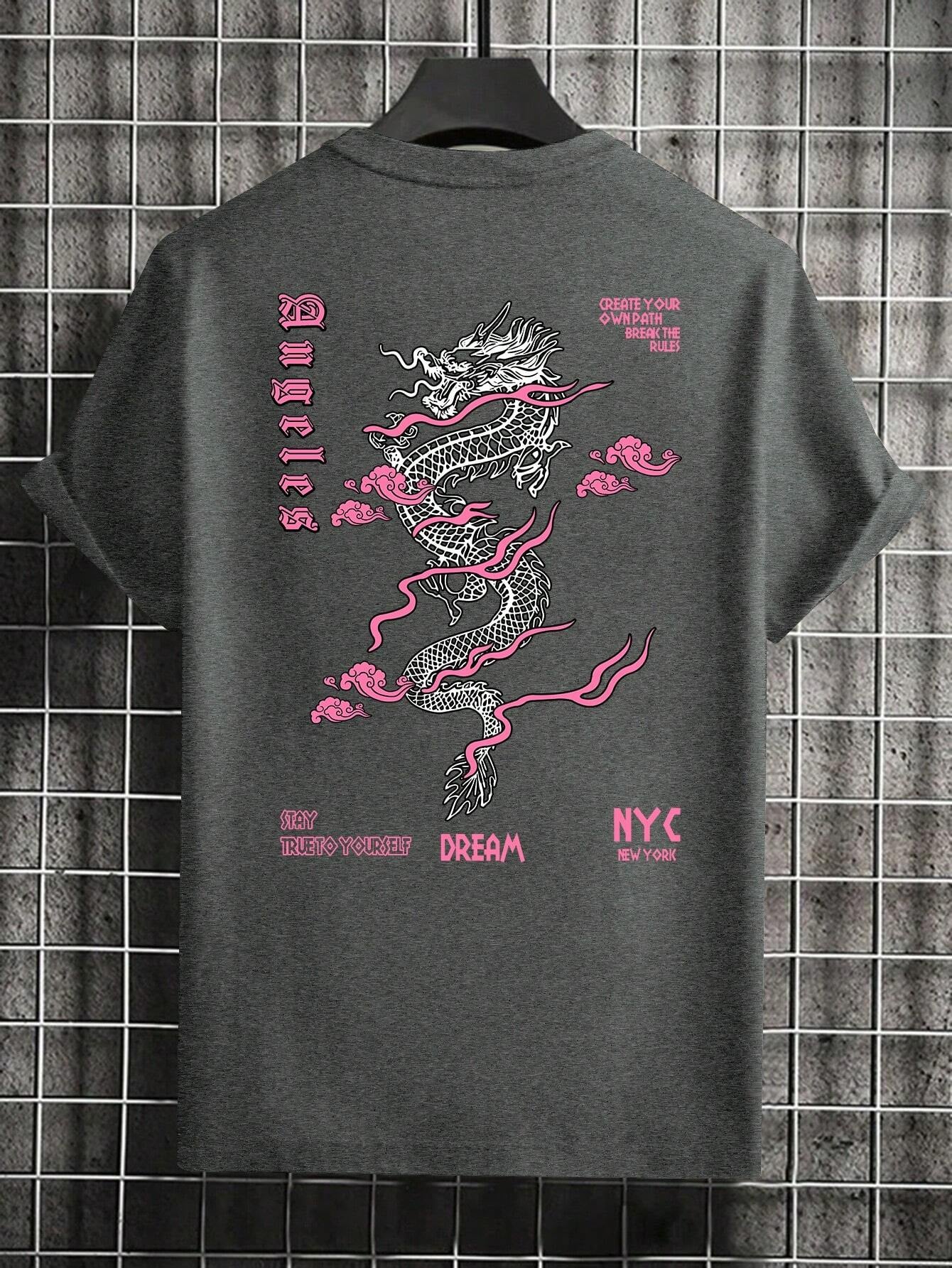 Men'S Letter & Dragon Print round Neck Casual Commuting T-Shirt