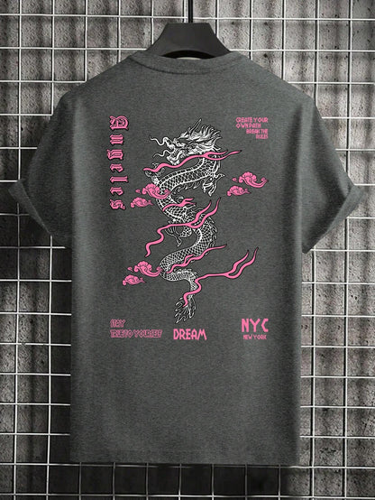 Men'S Letter & Dragon Print round Neck Casual Commuting T-Shirt