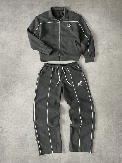 Manfinity Streetrush Men'S Contrast Color Collar Zip-Up Long Sleeve Jacket & Drawstring Long Pants Set Men S Track Suit Men Track Suit Set Men S 2 Pieces Outfit Men S Two Pieces Set Tracksuit