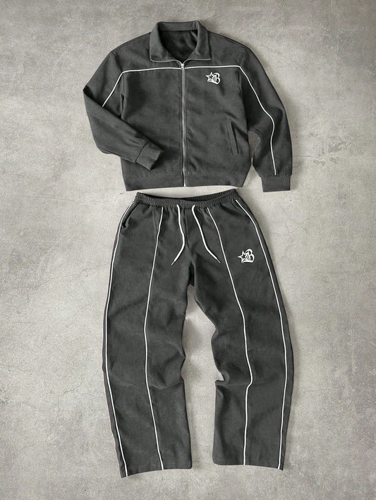 Manfinity Streetrush Men'S Contrast Color Collar Zip-Up Long Sleeve Jacket & Drawstring Long Pants Set Men S Track Suit Men Track Suit Set Men S 2 Pieces Outfit Men S Two Pieces Set Tracksuit