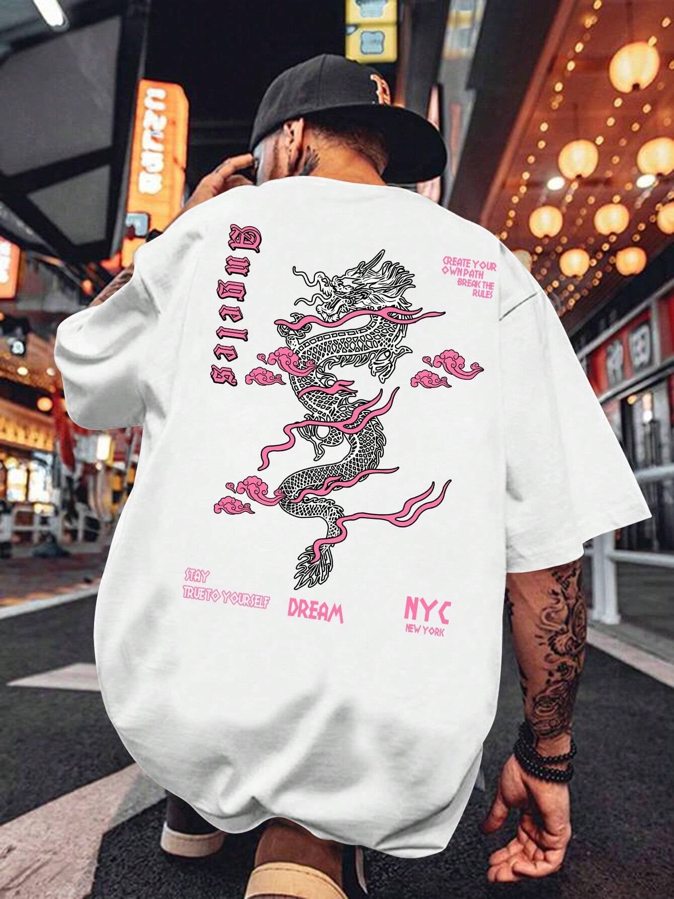 Men'S Letter & Dragon Print round Neck Casual Commuting T-Shirt