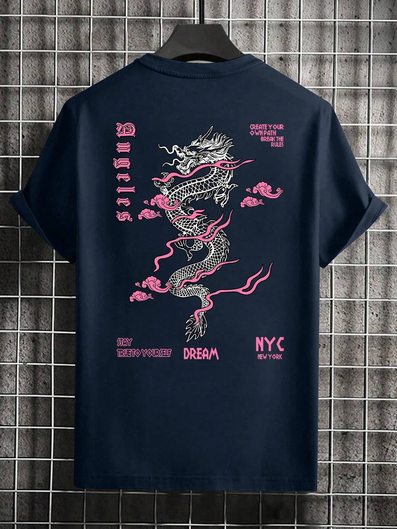 Men'S Letter & Dragon Print round Neck Casual Commuting T-Shirt