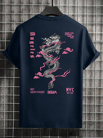 Men'S Letter & Dragon Print round Neck Casual Commuting T-Shirt