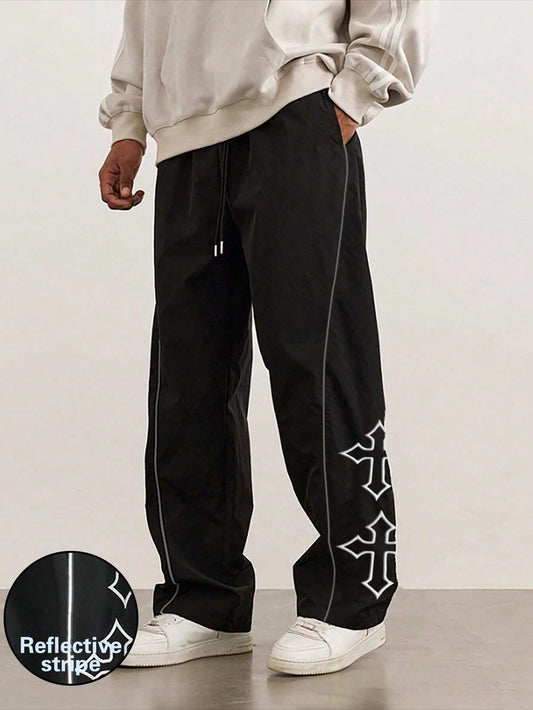 1Pc Men'S Cross Embroidery Casual Pants, Fashionable with Drawstring, Reflective Trim, Suitable for Casual, Beach, Work, Workout, Relaxed Straight Fit for Spring, Summer, Autumn, Winter, Boyfriend/Husband Gift, Commemorative Gift
