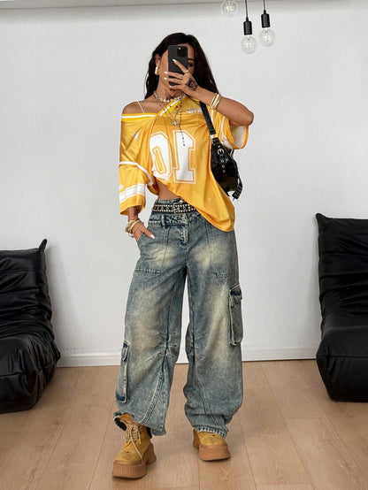 Coolane Women Summer Streetwear Sports Casual Contrast Trim Numeric Print Breathable Blue Jersey T-Shirt