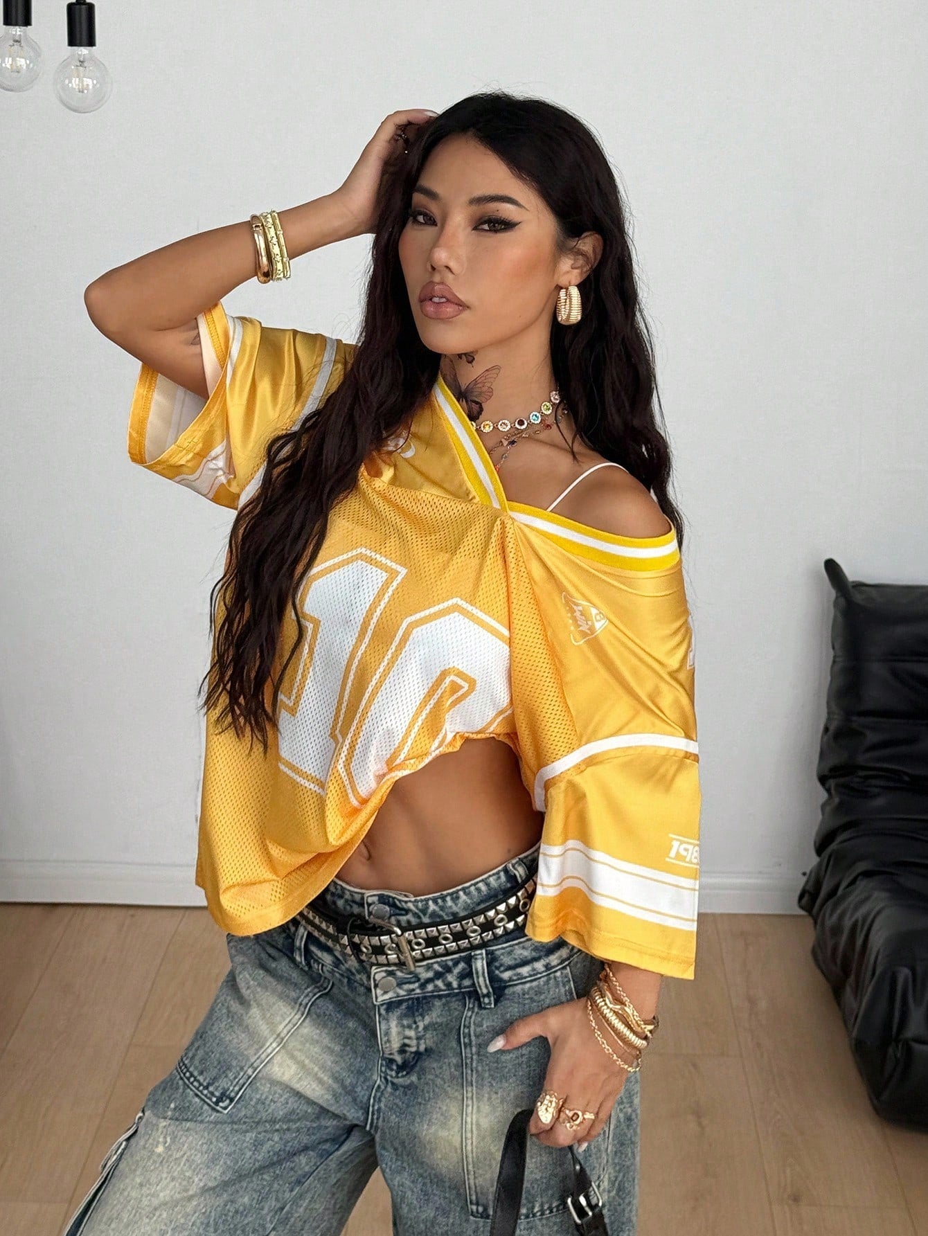 Coolane Women Summer Streetwear Sports Casual Contrast Trim Numeric Print Breathable Blue Jersey T-Shirt