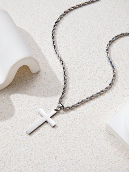 1Pc New Arrival Stylish Stainless Steel & Titanium Steel Men'S Cross Pendant Necklace, Braided Chain, Suitable for Daily Wear and as a Gift