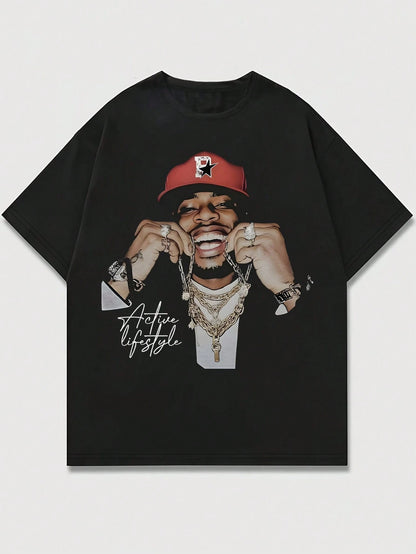 INAWLY Street Style Portrait Print Casual Knit Pullover Crew Neck Short Sleeve T-Shirt, Unisex