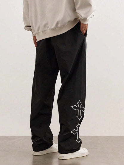 1Pc Men'S Cross Embroidery Casual Pants, Fashionable with Drawstring, Reflective Trim, Suitable for Casual, Beach, Work, Workout, Relaxed Straight Fit for Spring, Summer, Autumn, Winter, Boyfriend/Husband Gift, Commemorative Gift