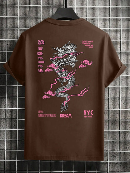 Men'S Letter & Dragon Print round Neck Casual Commuting T-Shirt