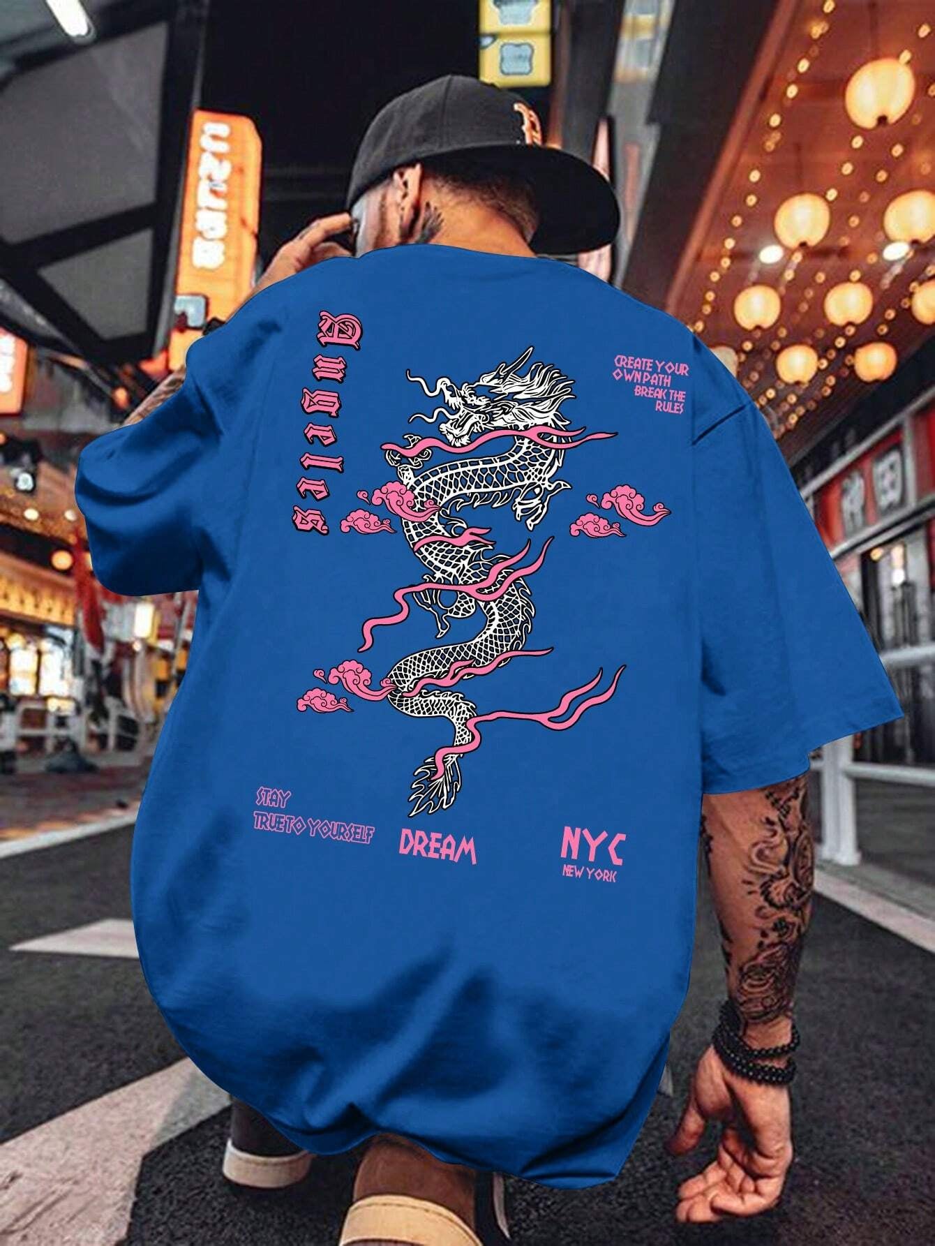 Men'S Letter & Dragon Print round Neck Casual Commuting T-Shirt