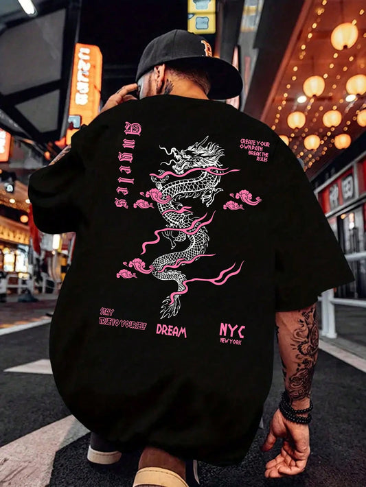 Men'S Letter & Dragon Print round Neck Casual Commuting T-Shirt