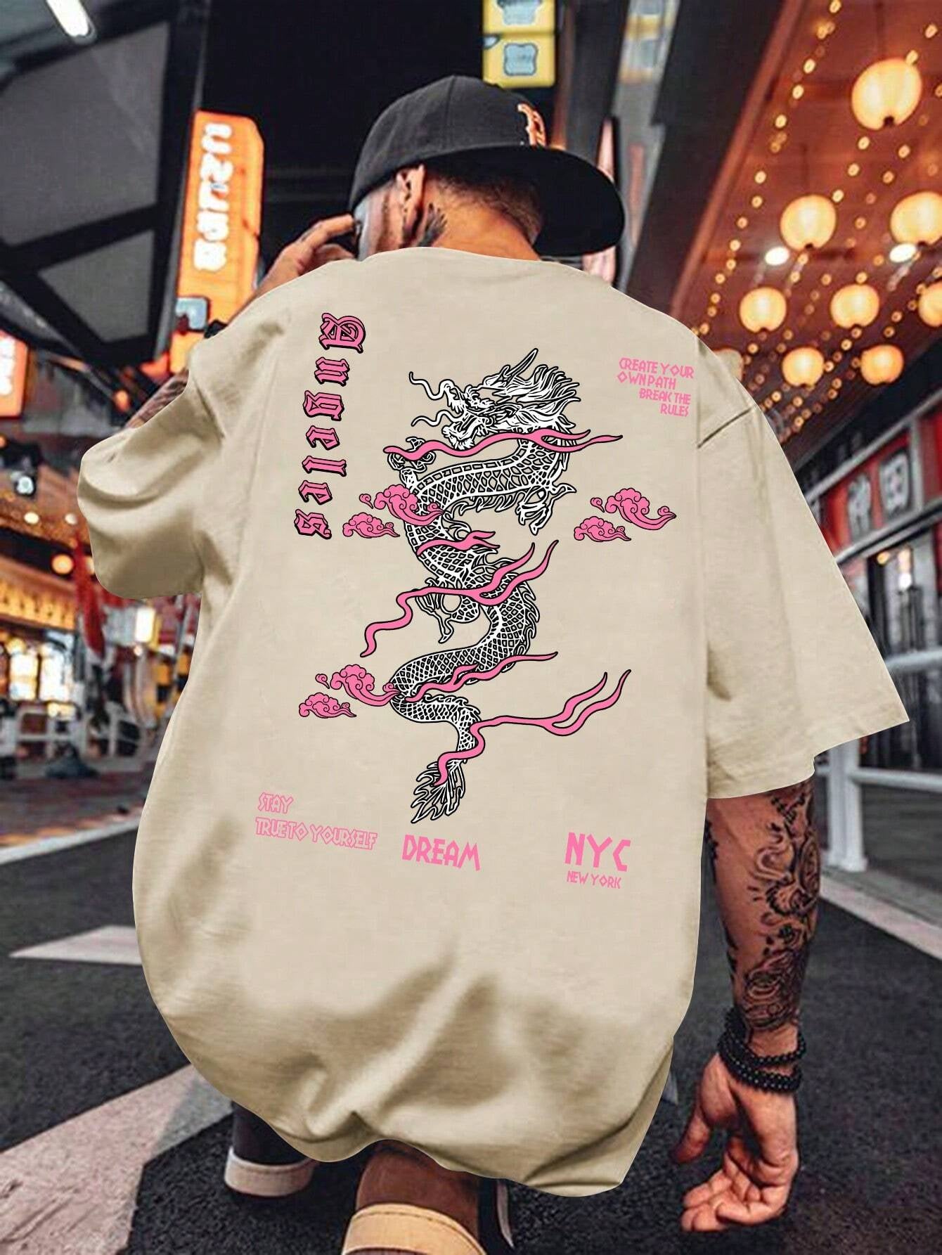 Men'S Letter & Dragon Print round Neck Casual Commuting T-Shirt