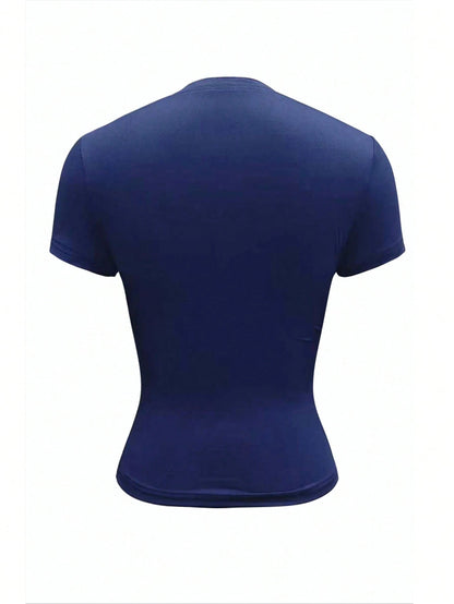 Ezwear Women Navy Solid Button Front Short Sleeve Casual Cropped T-Shirt