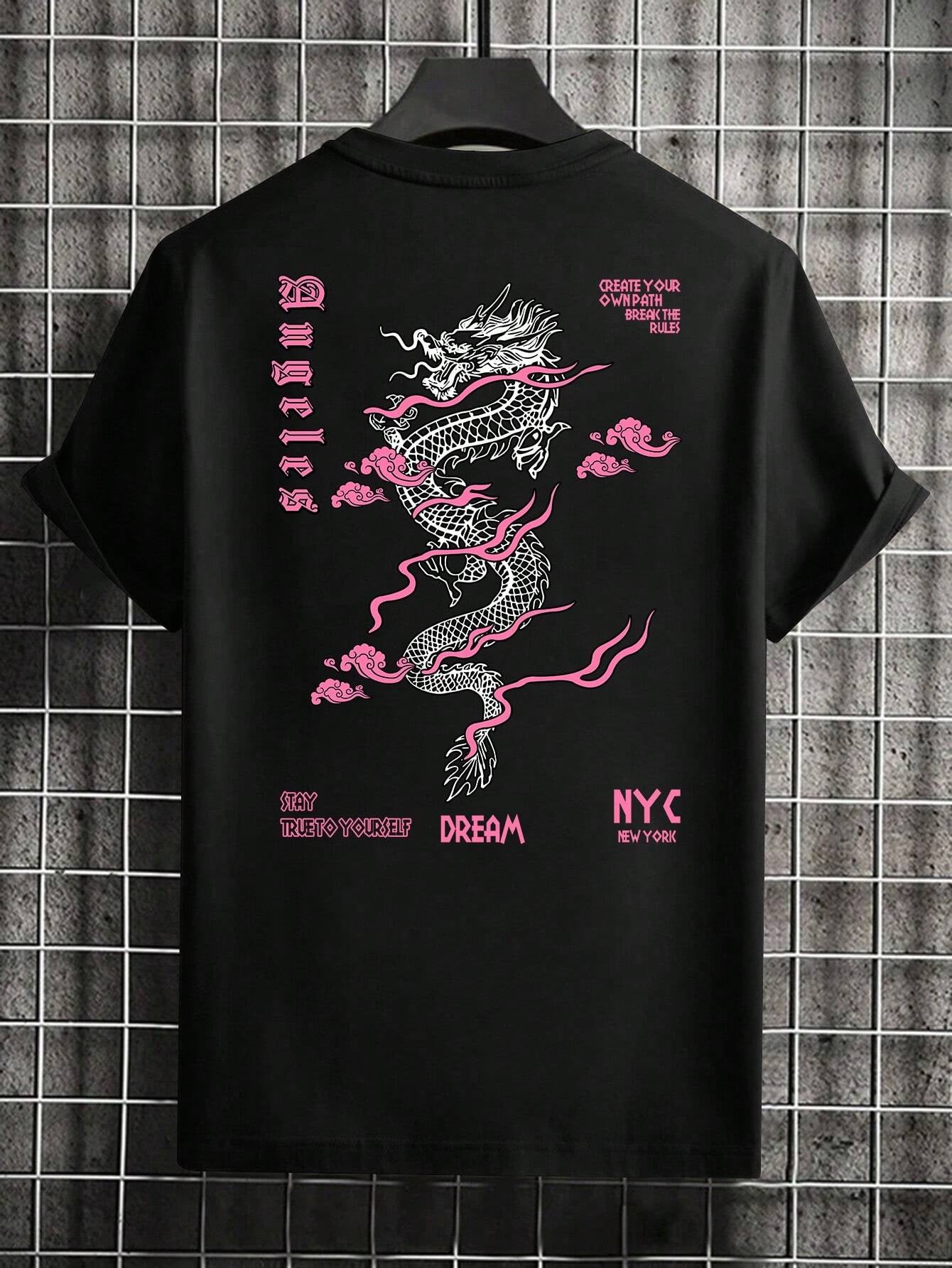 Men'S Letter & Dragon Print round Neck Casual Commuting T-Shirt