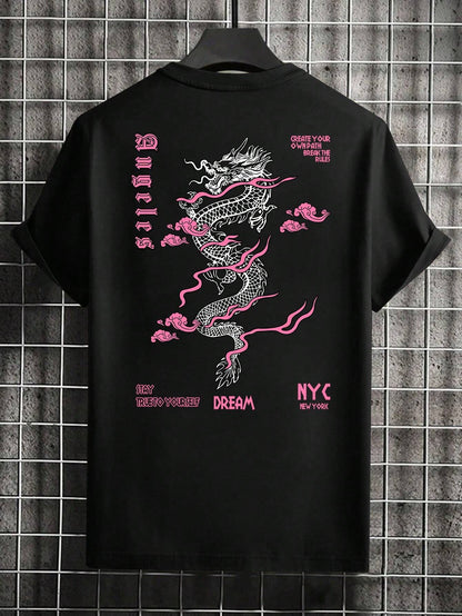 Men'S Letter & Dragon Print round Neck Casual Commuting T-Shirt
