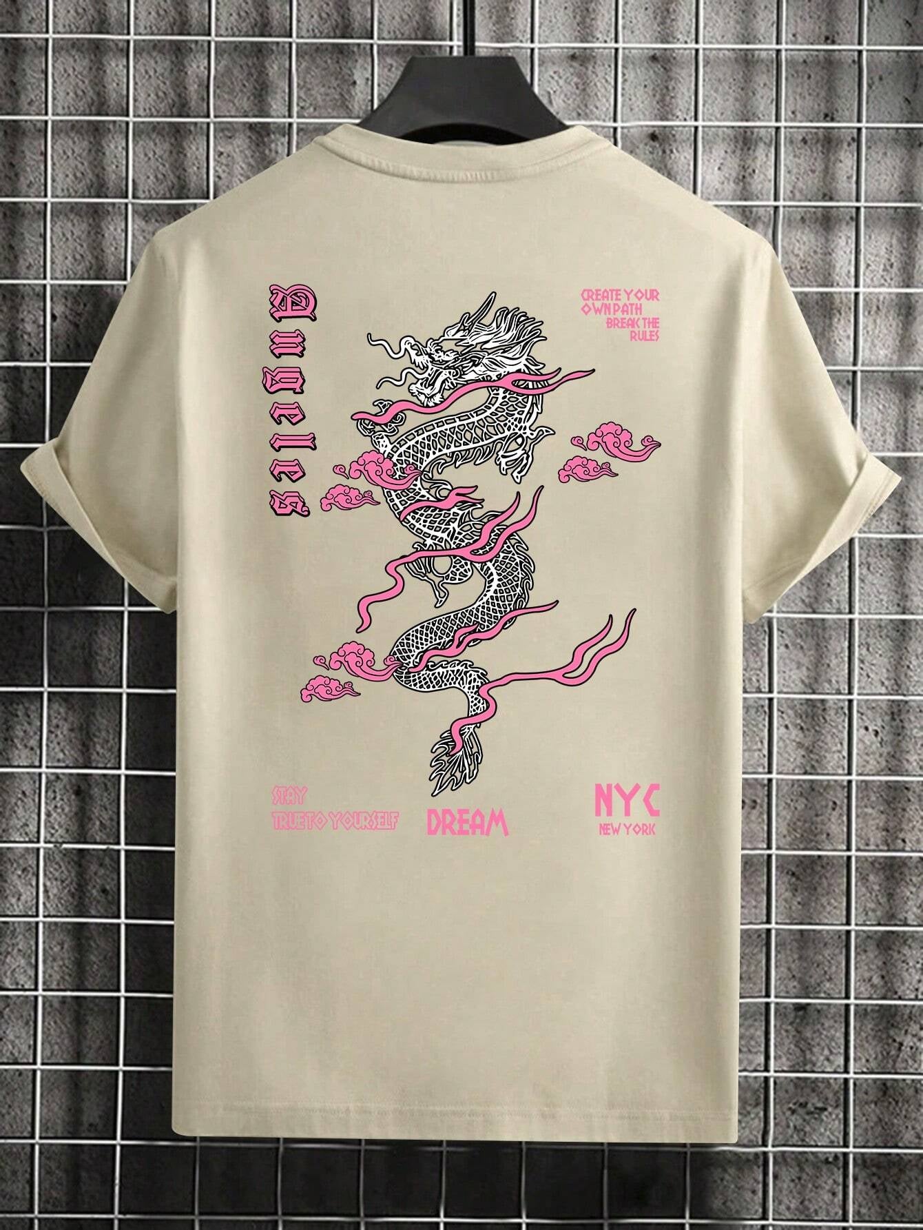 Men'S Letter & Dragon Print round Neck Casual Commuting T-Shirt