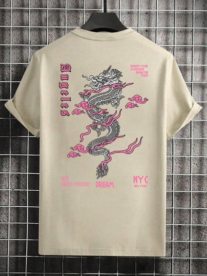 Men'S Letter & Dragon Print round Neck Casual Commuting T-Shirt