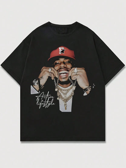 INAWLY Street Style Portrait Print Casual Knit Pullover Crew Neck Short Sleeve T-Shirt, Unisex