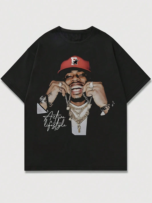 INAWLY Street Style Portrait Print Casual Knit Pullover Crew Neck Short Sleeve T-Shirt, Unisex