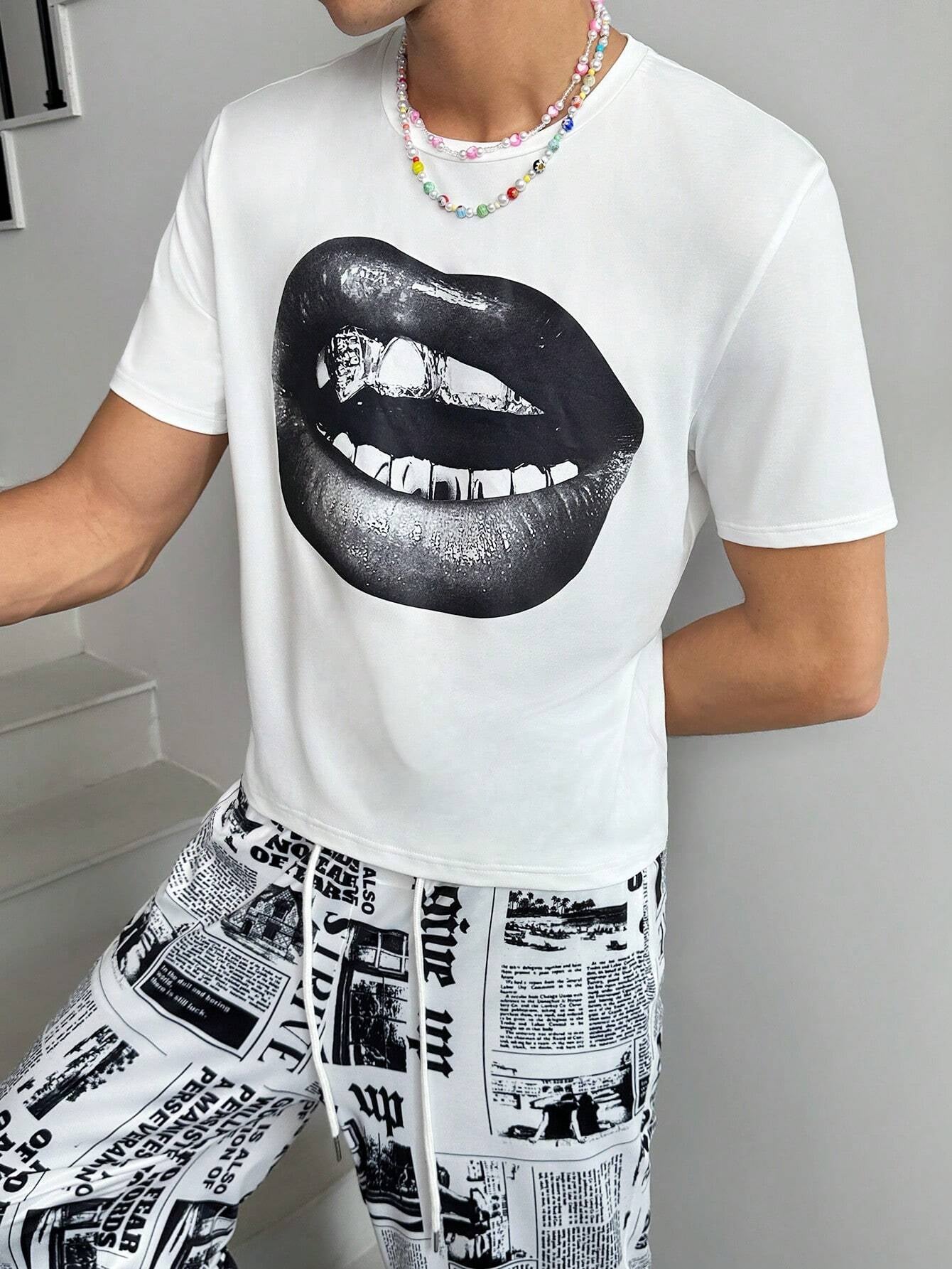 Manfinity VCAY 1Pc Men Y2K Funny Casual Oversize High Street Vintage Style Creative Lips Angel Madonna Oil Painting Print White Knitted T-Shirt, Summer
