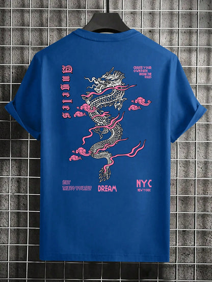Men'S Letter & Dragon Print round Neck Casual Commuting T-Shirt