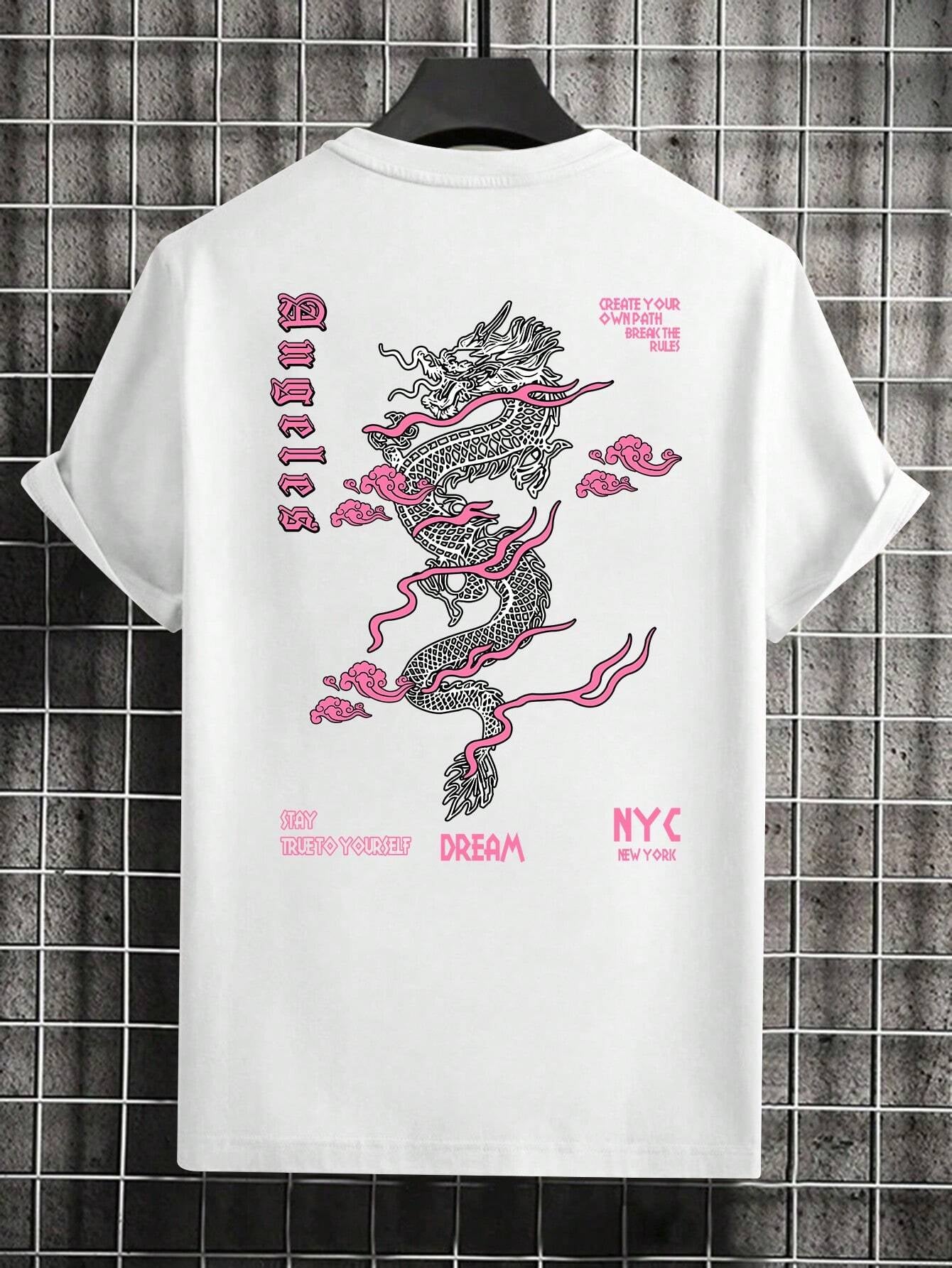 Men'S Letter & Dragon Print round Neck Casual Commuting T-Shirt