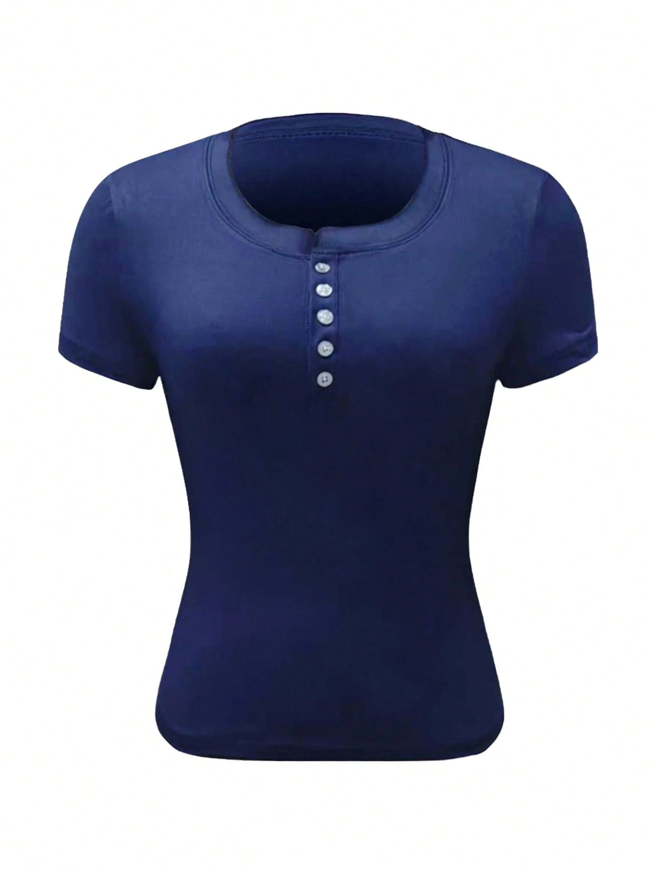 Ezwear Women Navy Solid Button Front Short Sleeve Casual Cropped T-Shirt