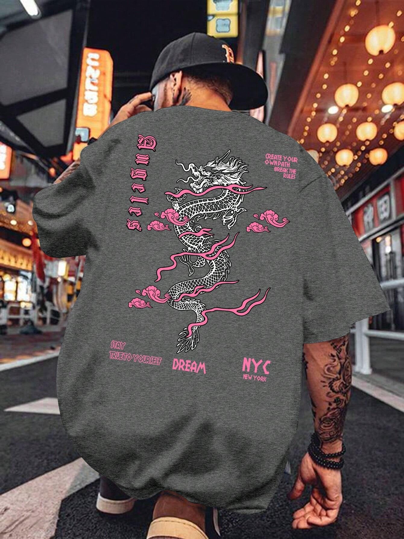 Men'S Letter & Dragon Print round Neck Casual Commuting T-Shirt