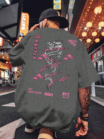 Men'S Letter & Dragon Print round Neck Casual Commuting T-Shirt