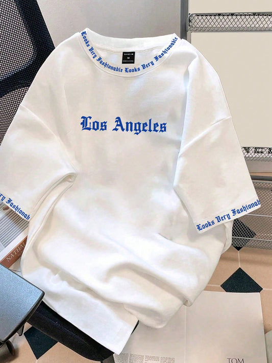 Manfinity EMRG Solid Color English Letter Printed Short-Sleeved round Neck T-Shirt, Suitable for Daily Wear, Going Out, Leisure, Sports, School, Travel, Family Gatherings and Other Occasions. Can Be Worn by Both Men and Women, Short-Sleeved T-Shirt, Summe