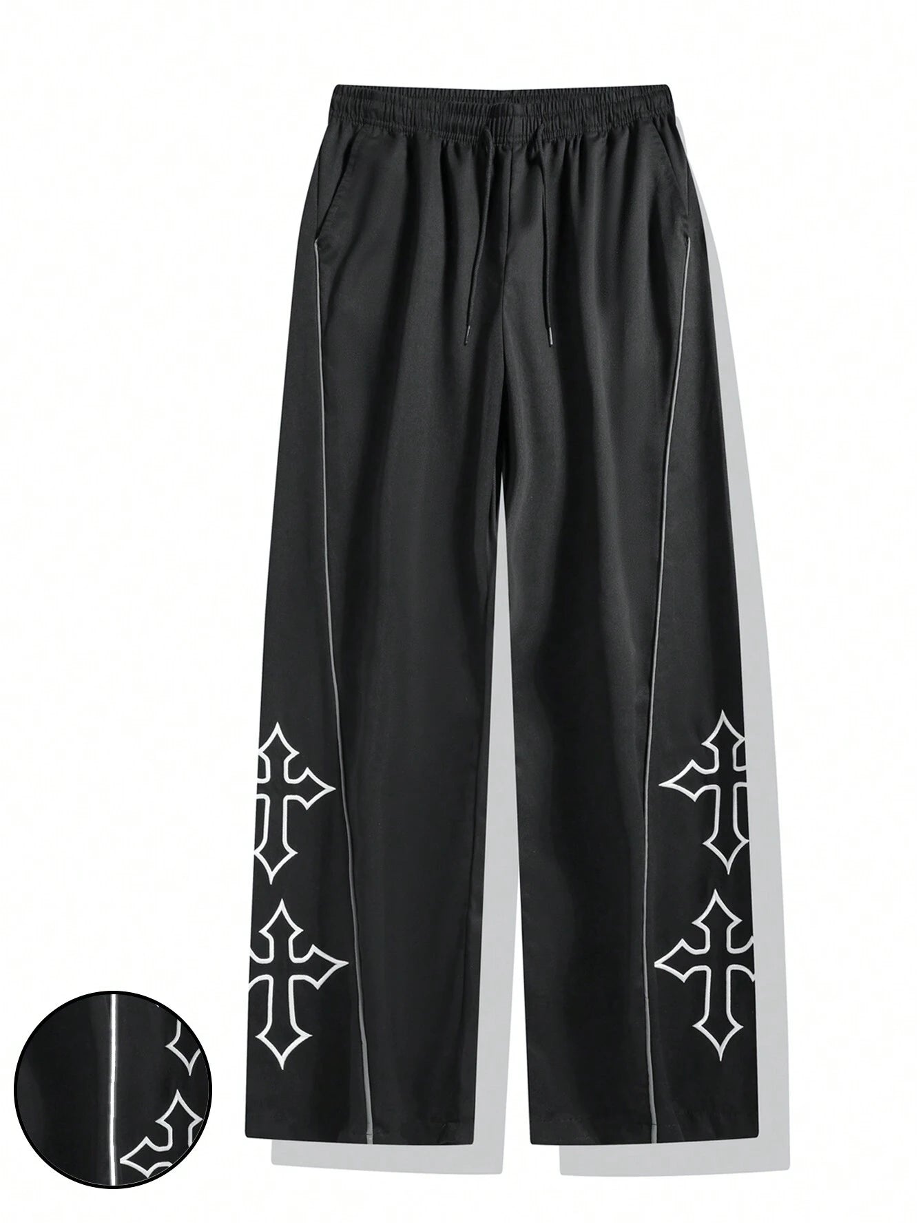 1Pc Men'S Cross Embroidery Casual Pants, Fashionable with Drawstring, Reflective Trim, Suitable for Casual, Beach, Work, Workout, Relaxed Straight Fit for Spring, Summer, Autumn, Winter, Boyfriend/Husband Gift, Commemorative Gift