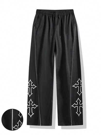 1Pc Men'S Cross Embroidery Casual Pants, Fashionable with Drawstring, Reflective Trim, Suitable for Casual, Beach, Work, Workout, Relaxed Straight Fit for Spring, Summer, Autumn, Winter, Boyfriend/Husband Gift, Commemorative Gift