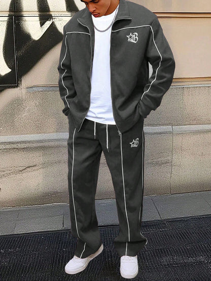 Manfinity Streetrush Men'S Contrast Color Collar Zip-Up Long Sleeve Jacket & Drawstring Long Pants Set Men S Track Suit Men Track Suit Set Men S 2 Pieces Outfit Men S Two Pieces Set Tracksuit