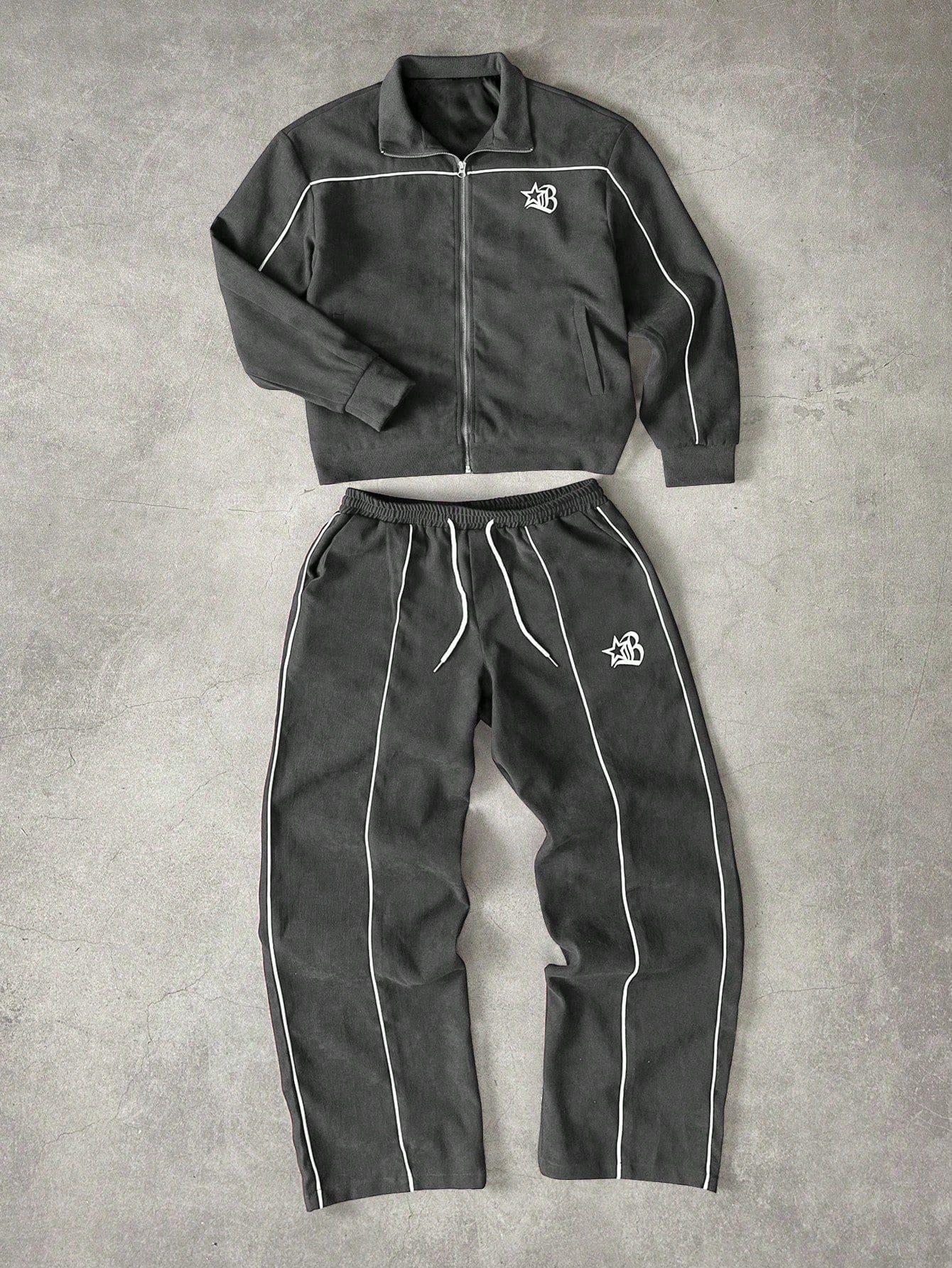 Manfinity Streetrush Men'S Contrast Color Collar Zip-Up Long Sleeve Jacket & Drawstring Long Pants Set Men S Track Suit Men Track Suit Set Men S 2 Pieces Outfit Men S Two Pieces Set Tracksuit
